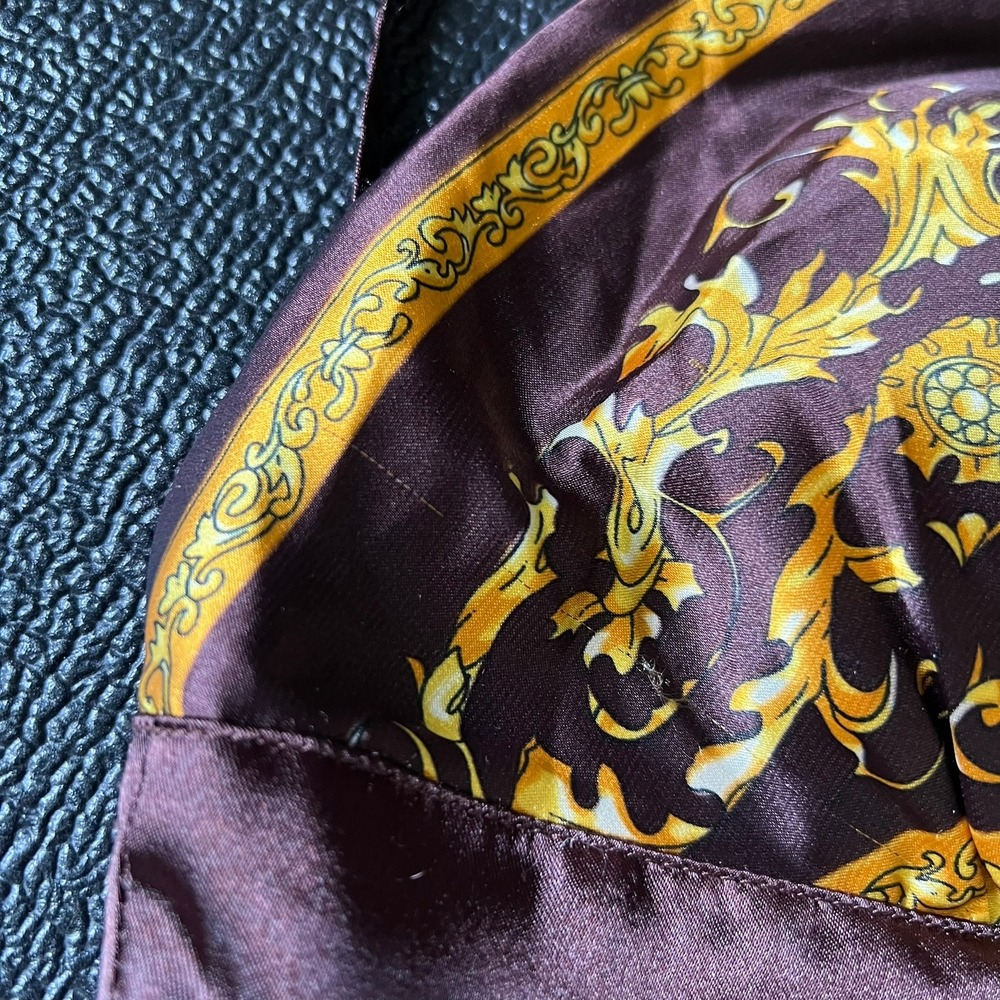 MKM Designs Brown Gold Baroque Scarf Print Top M Empire Waist Babydoll Glam Y2k - Picture 8 of 9